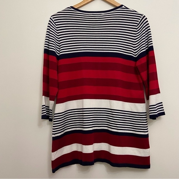 MARIE-CLAIRE nautical cardigan navy blue white striped red knit Large coastal - Picture 4 of 13
